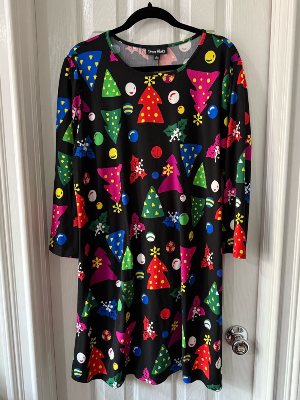 Black Multicolor Holiday Tree Print Dress XL